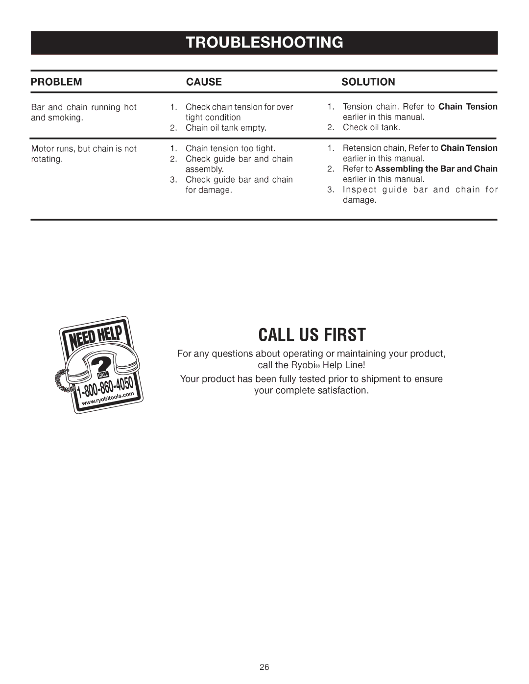 Ryobi P540B manual Troubleshooting, Problem CAUSE Solution 