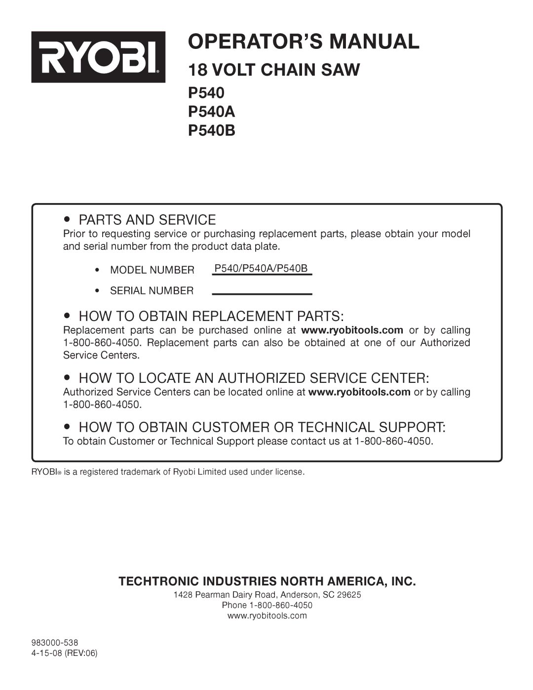 Ryobi P540B manual Parts and Service 