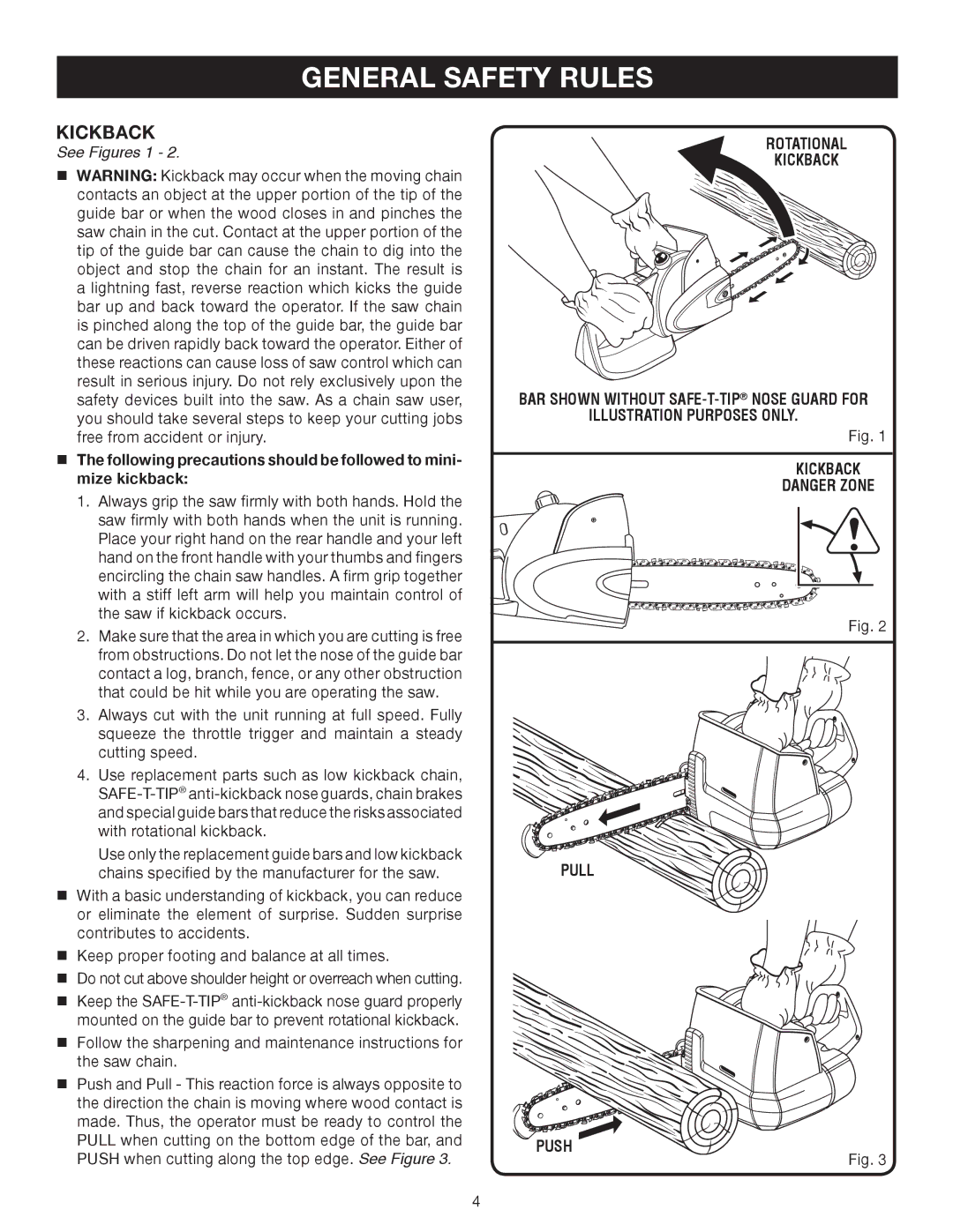 Ryobi P540B manual Kickback, See Figures 1 