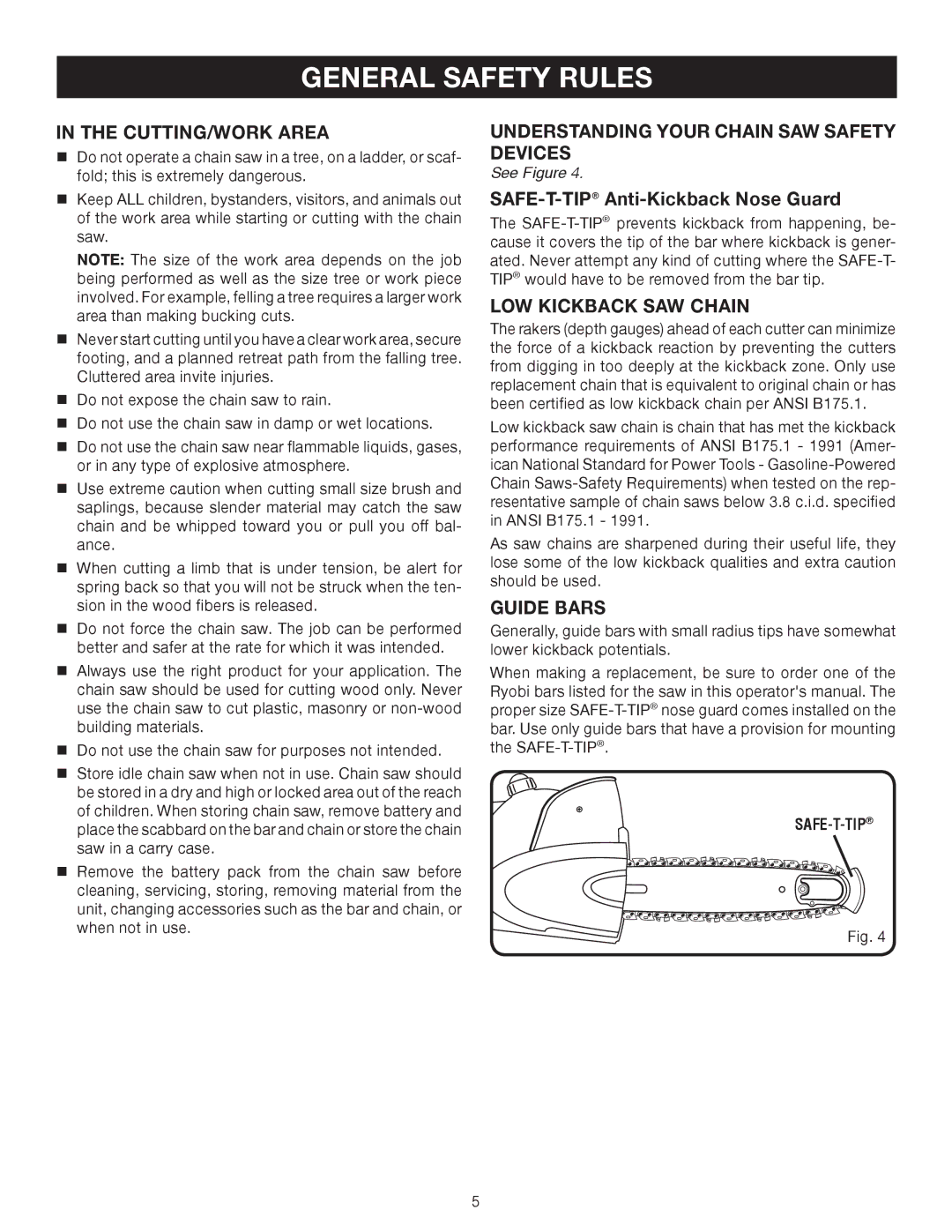 Ryobi P540 Cutting/Work Area, Understanding Your Chain Saw Safety Devices, SAFE-T-TIPAnti-Kickback Nose Guard, Guide Bars 