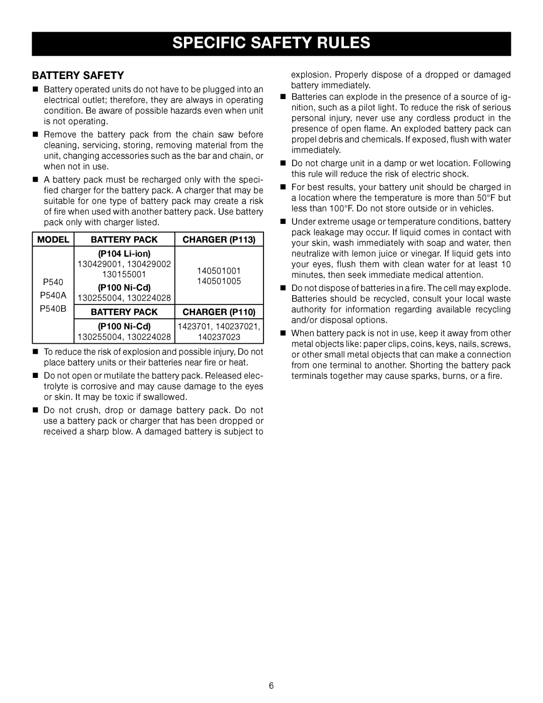 Ryobi P540B manual Specific Safety Rules, Battery Safety, P100 Ni-Cd 1423701 130255004 140237023 