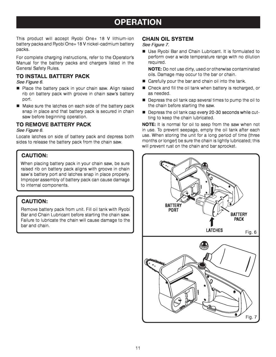 Ryobi P540B manual To Install Battery Pack, To Remove Battery Pack, Chain Oil System, Operation, See Figure 