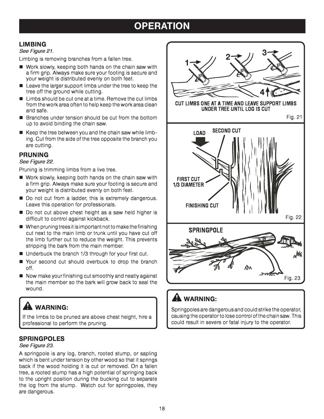 Ryobi P540B manual Limbing, Pruning, Springpoles, Operation, See Figure 