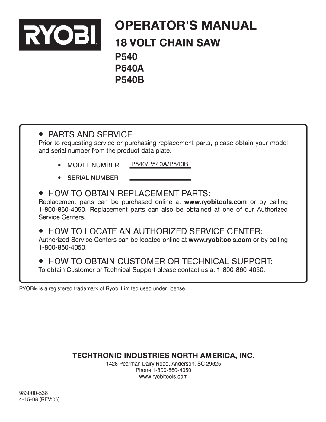 Ryobi P540 p540a P540B, Techtronic Industries North America, Inc, Operator’S Manual, VOLT cHAIN sAW, Parts and Service 