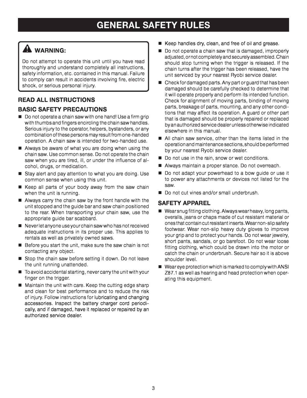 Ryobi P540B manual general SAFETY RULES, READ ALL INSTRUCTIONS Basic Safety Precautions, Safety Apparel 
