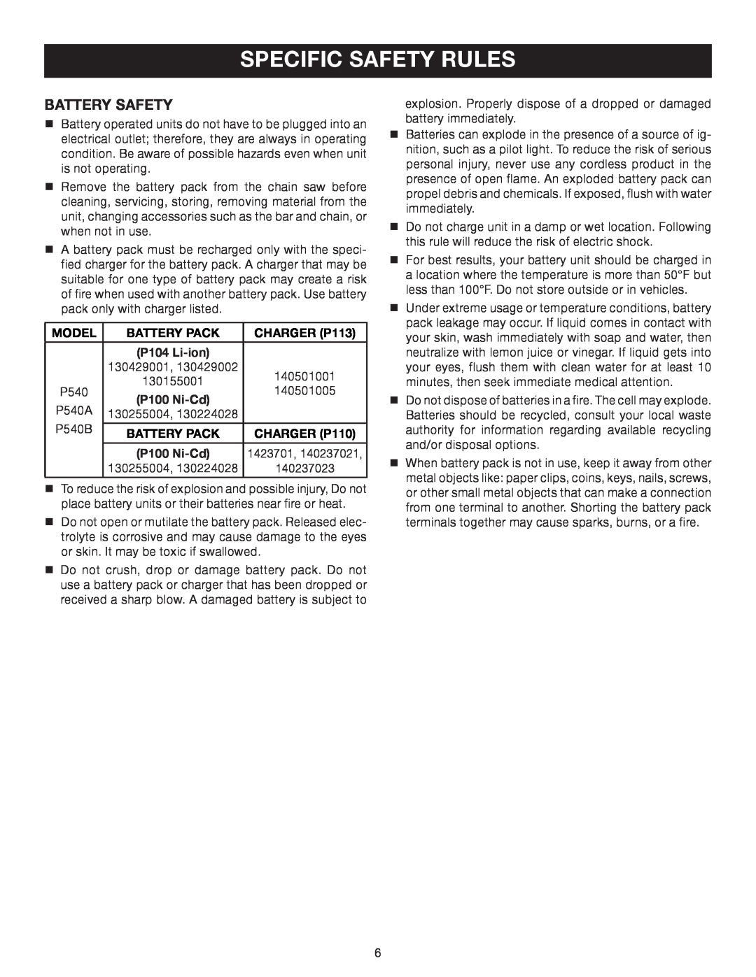 Ryobi P540B manual Specific Safety Rules, Battery Safety 