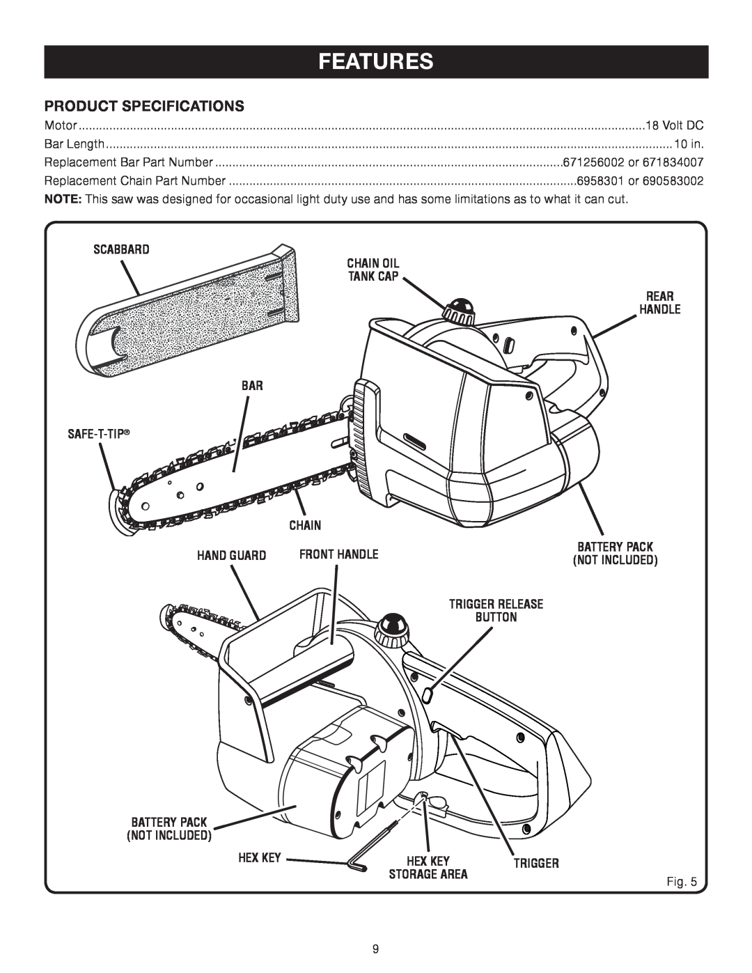 Ryobi P540B manual Features, Product Specifications 