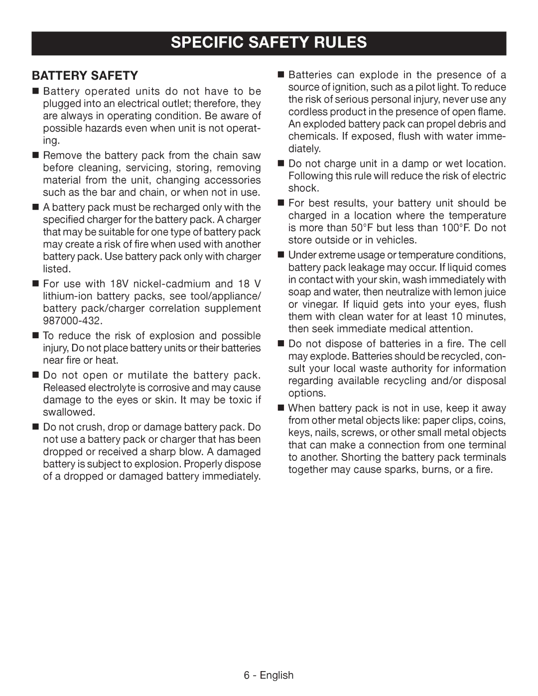 Ryobi P541 manuel dutilisation Specific Safety Rules, Battery Safety 