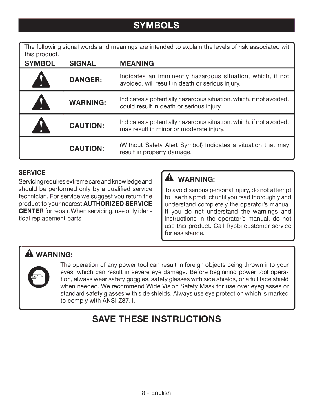 Ryobi P541 manuel dutilisation Symbol Signal Meaning, Service 