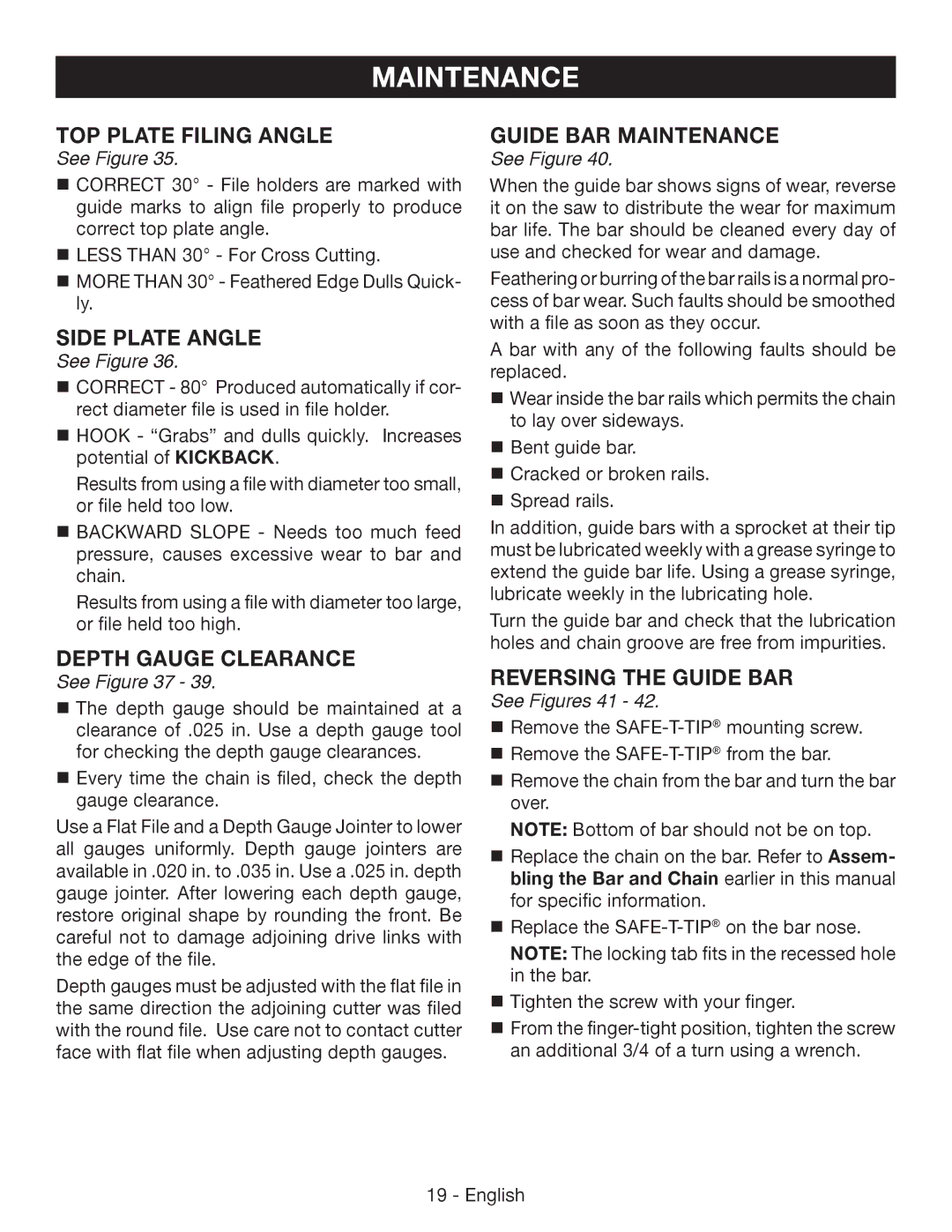 Ryobi P541 Top Plate Filing Angle, Side Plate Angle, Depth Gauge Clearance, Guide BAR Maintenance, Reversing the guide bar 