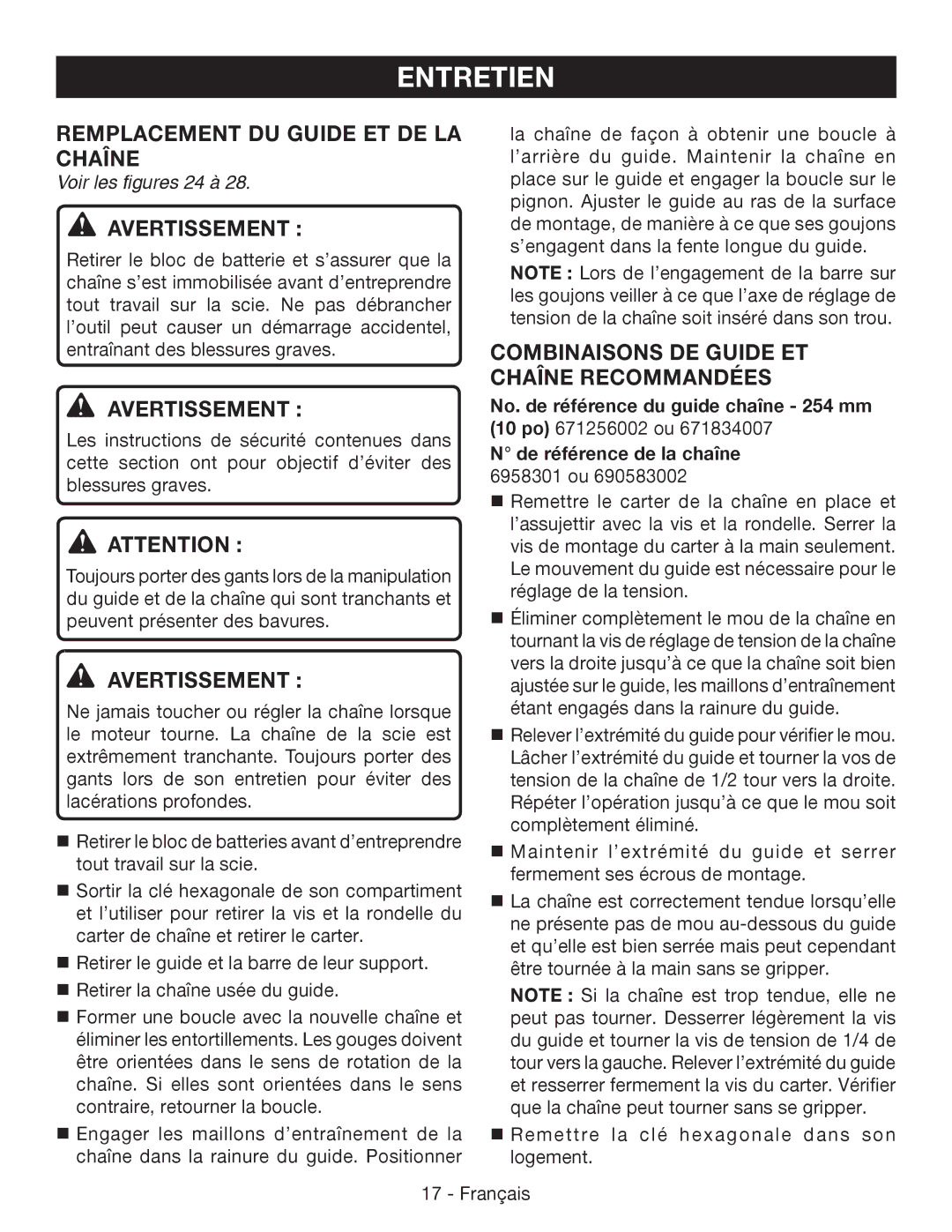 Ryobi P541 Remplacement DU Guide ET DE LA Chaîne, Avertissement , Combinaisons de guide et chaîne recommandées 