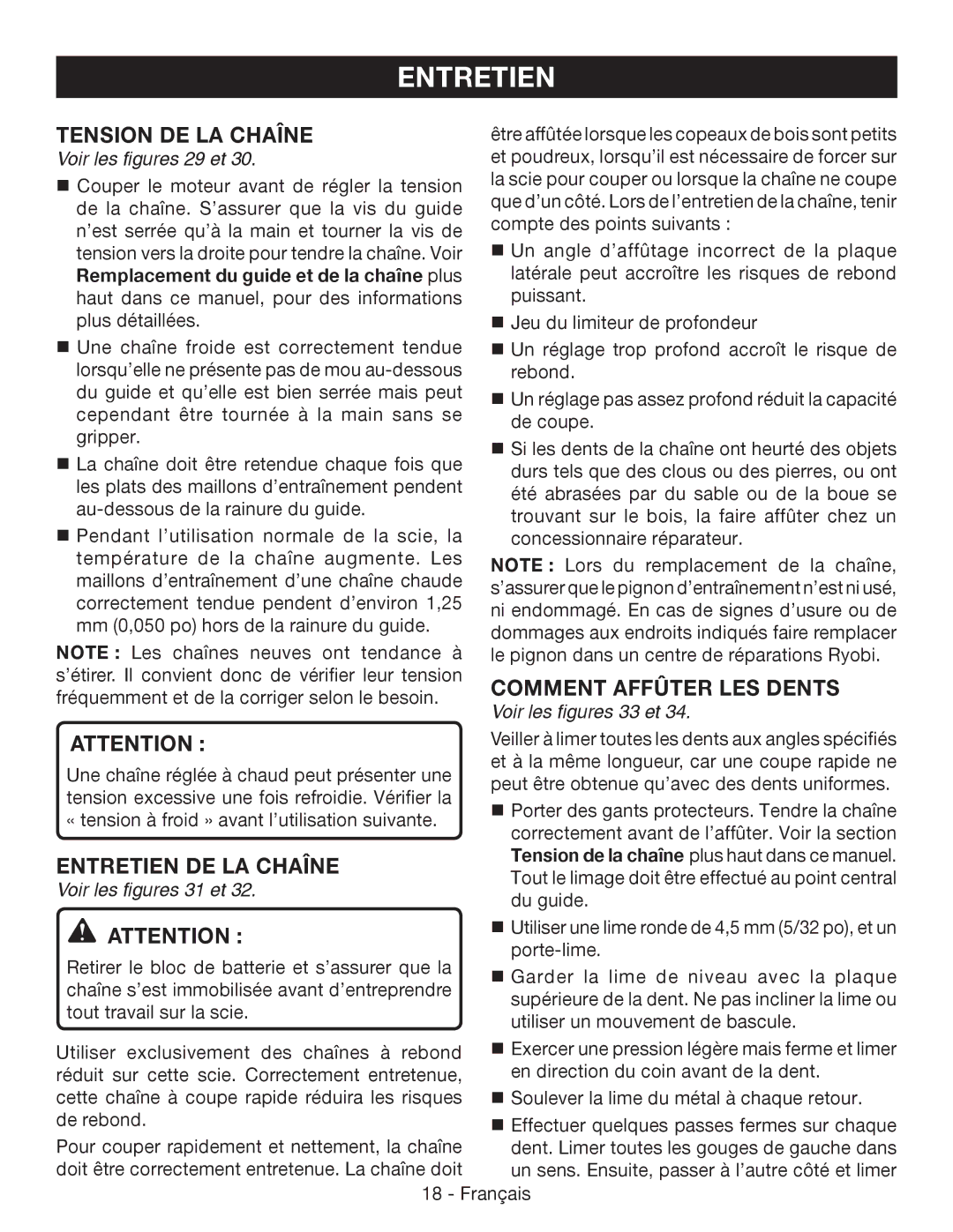 Ryobi P541 manuel dutilisation Comment affûter les dents, Voir les figures 33 et 