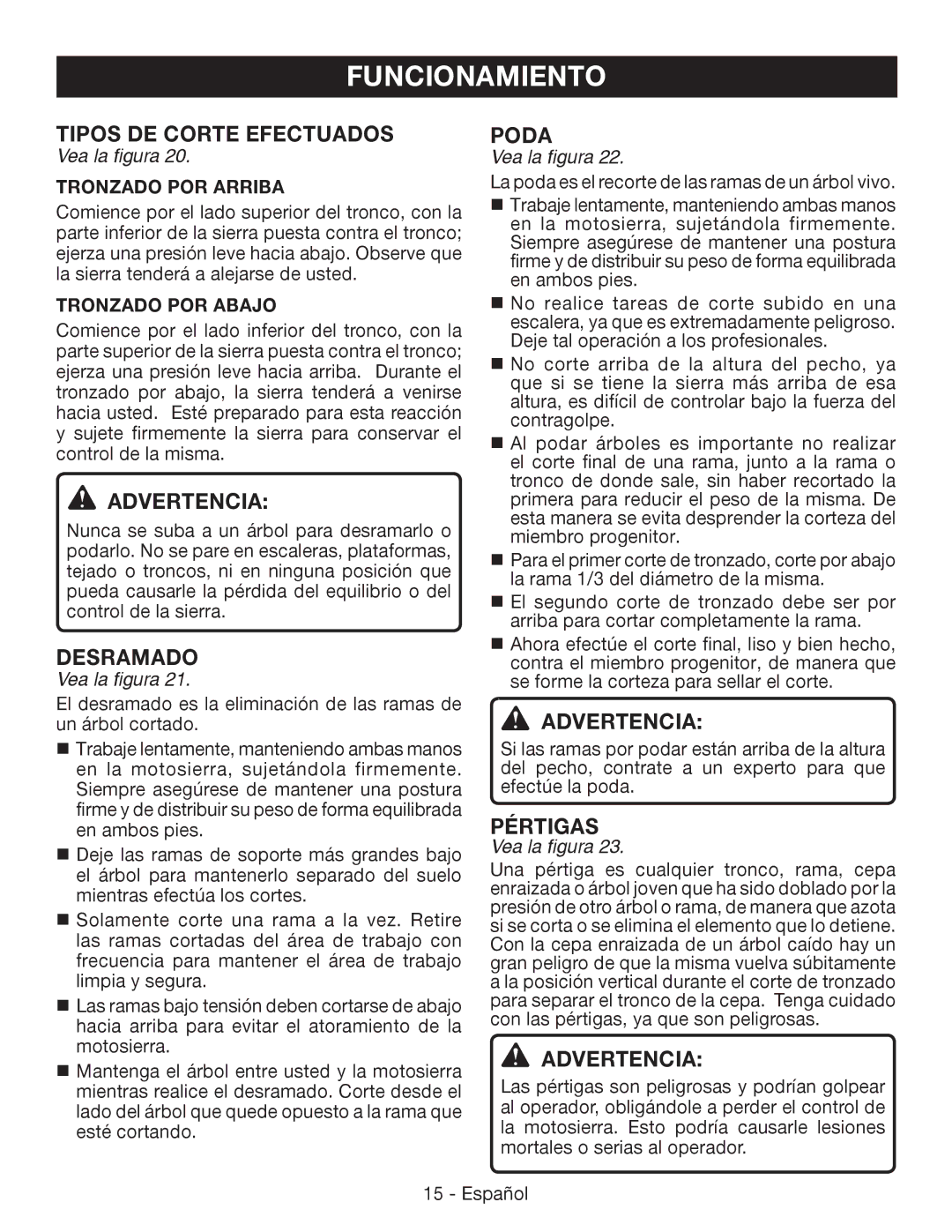 Ryobi P541 manuel dutilisation Tipos de corte efectuados, Desramado, Poda, Pértigas 