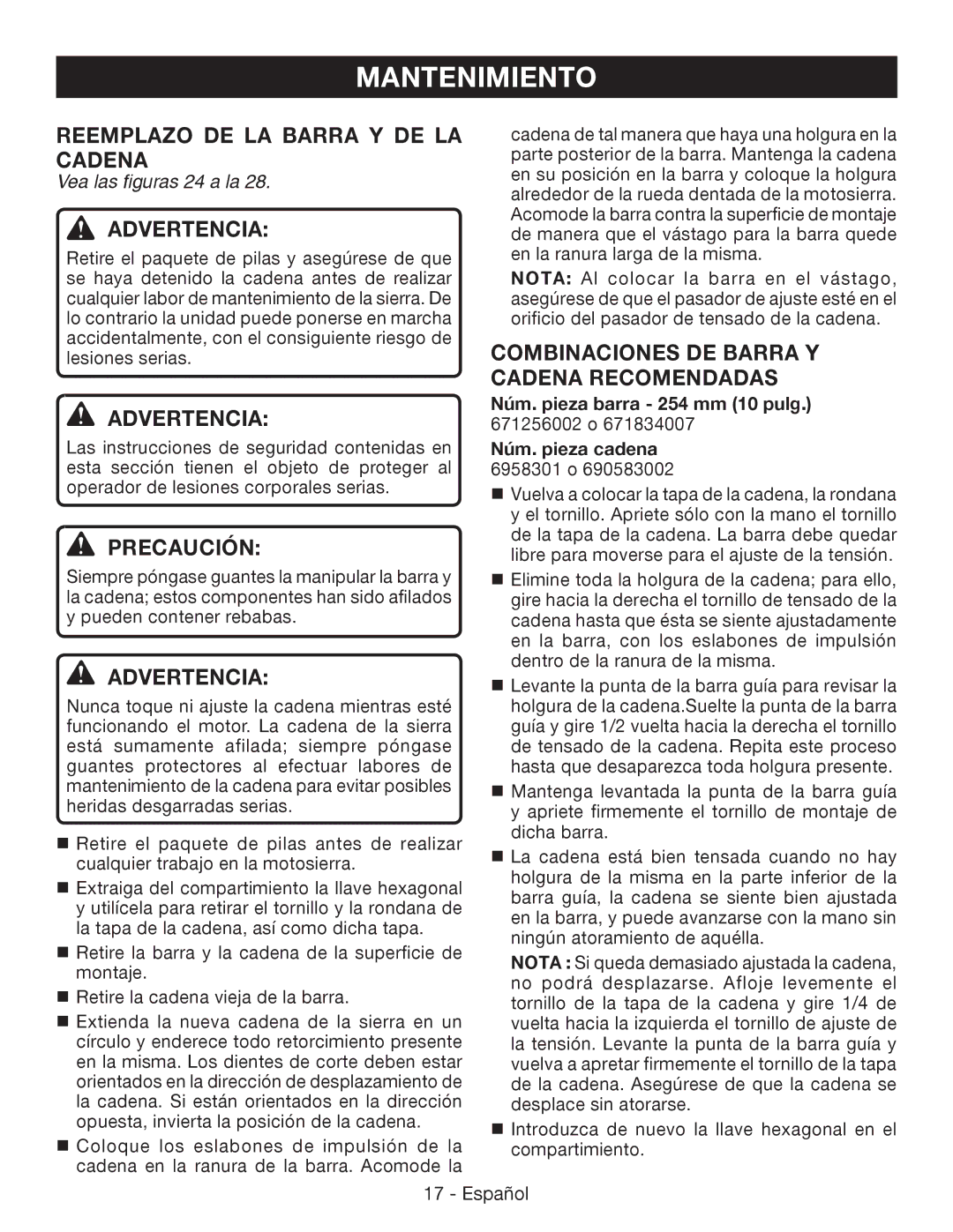 Ryobi P541 Reemplazo de la barra y de la cadena, Advertencia, Combinaciones de barra y cadena recomendadas 