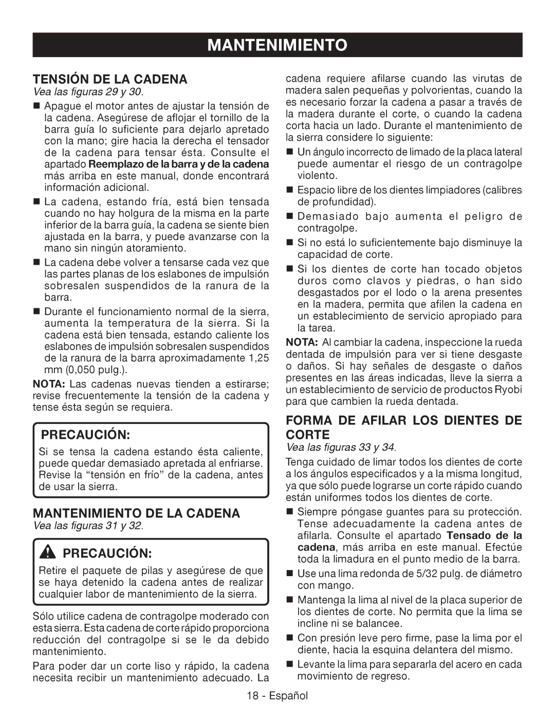 Ryobi P541 manuel dutilisation Tensión de la cadena, Mantenimiento de la cadena, Forma de afilar los dientes de corte 