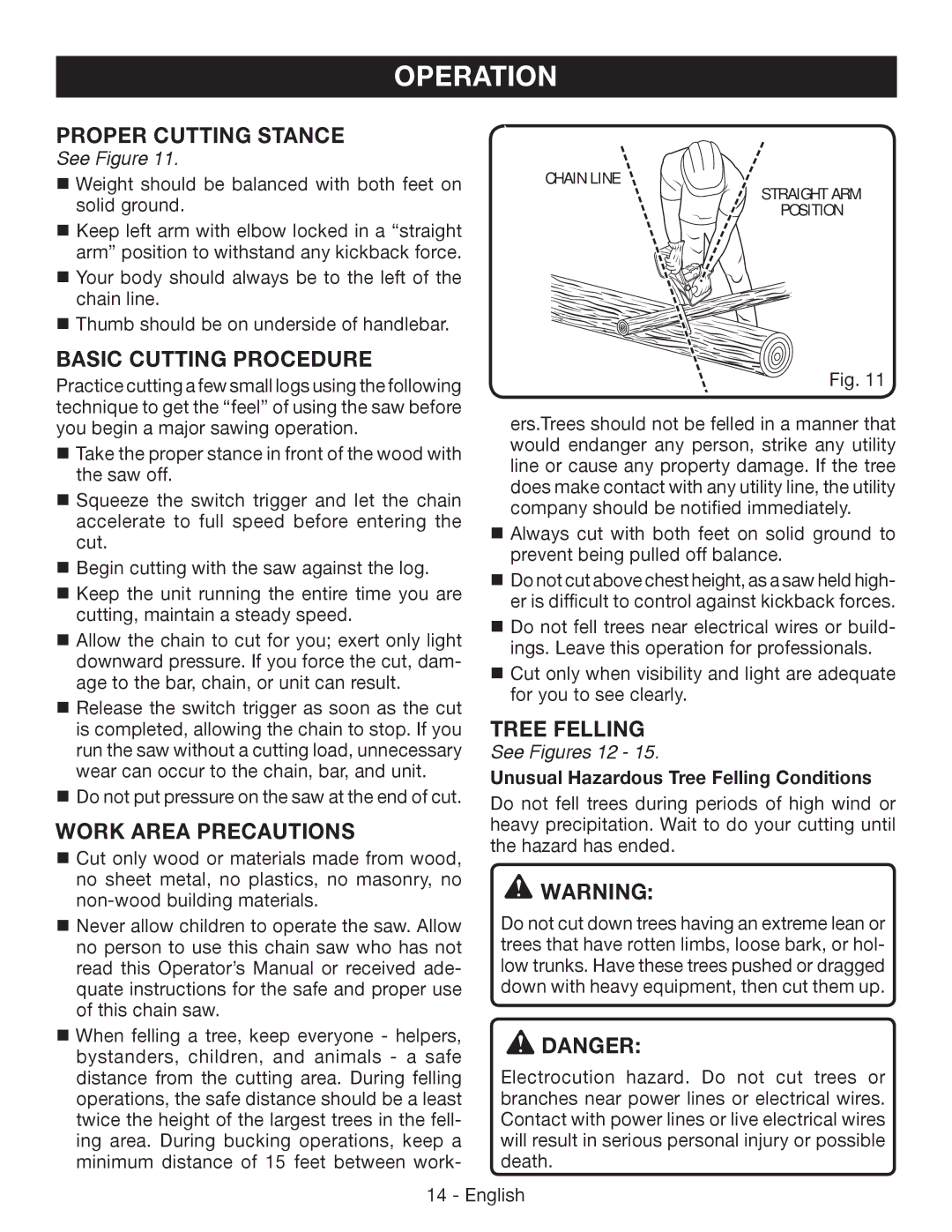 Ryobi P542 Proper Cutting Stance, Basic Cutting Procedure, Work Area Precautions, Tree Felling, See Figures 12 