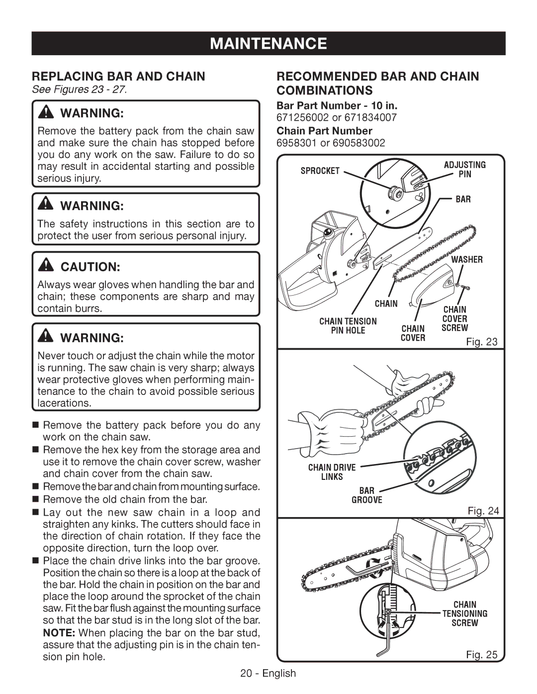 Ryobi P542 manuel dutilisation REPLACing Bar and Chain, Recommended Bar and Chain Combinations, See Figures 23 