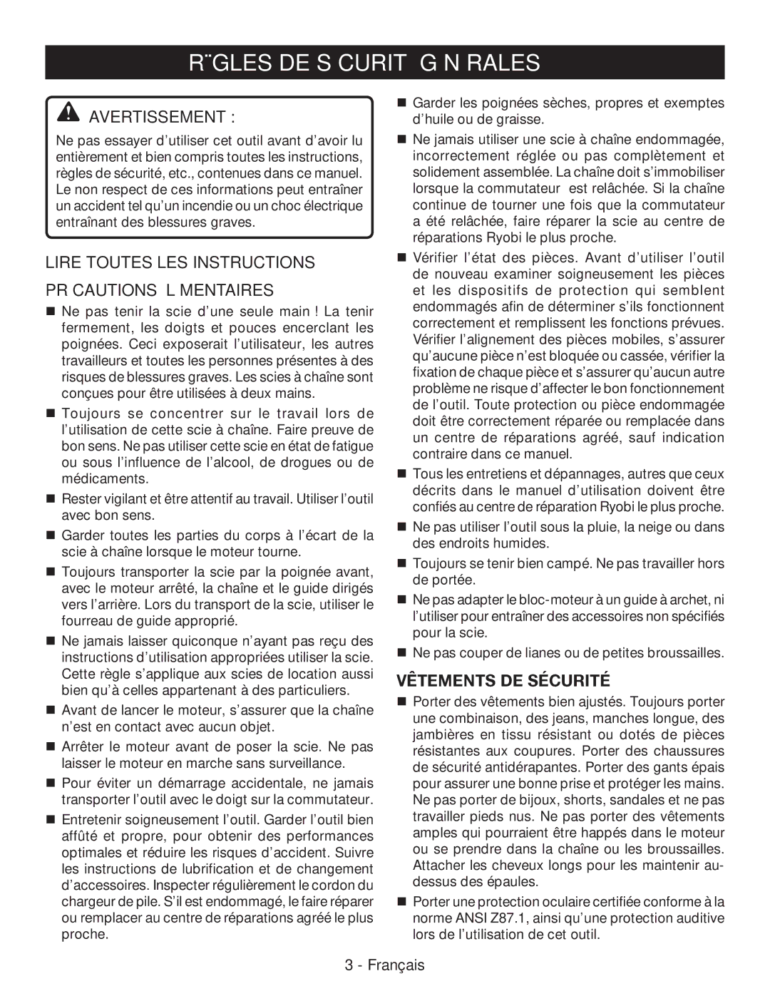 Ryobi P542 Règles DE Sécurité Générales, Avertissement , Lire Toutes LES Instructions Précautions Élémentaires 