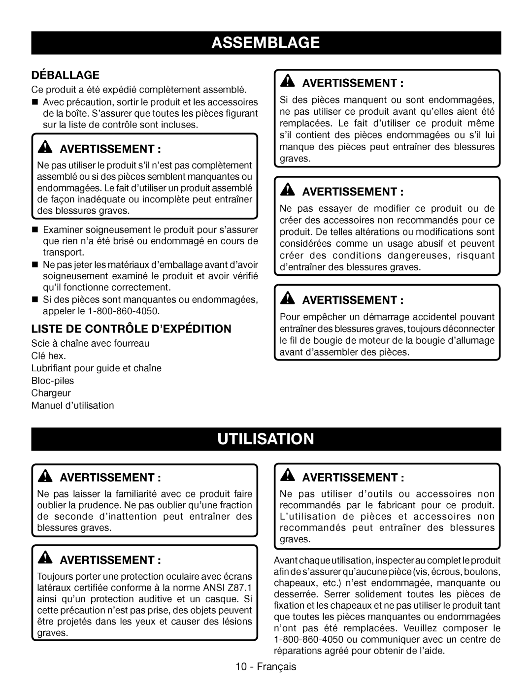 Ryobi P542 manuel dutilisation Assemblage, Déballage, Liste DE Contrôle D’EXPÉDITION 