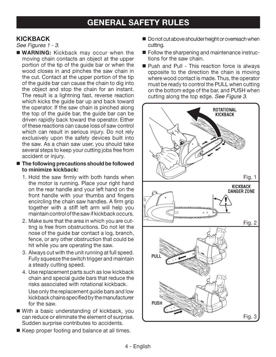 Ryobi P542 manuel dutilisation Kickback, See Figures 1 