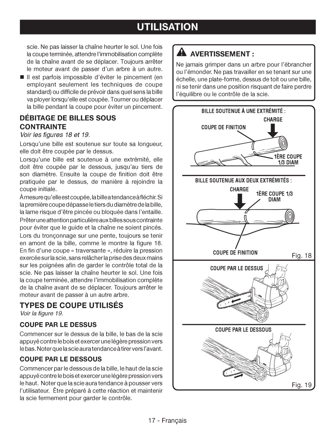 Ryobi P542 Types de coupe utilisés, Débitage DE Billes Sous Contrainte, Voir les figures 18 et, Coupe par le dessus 