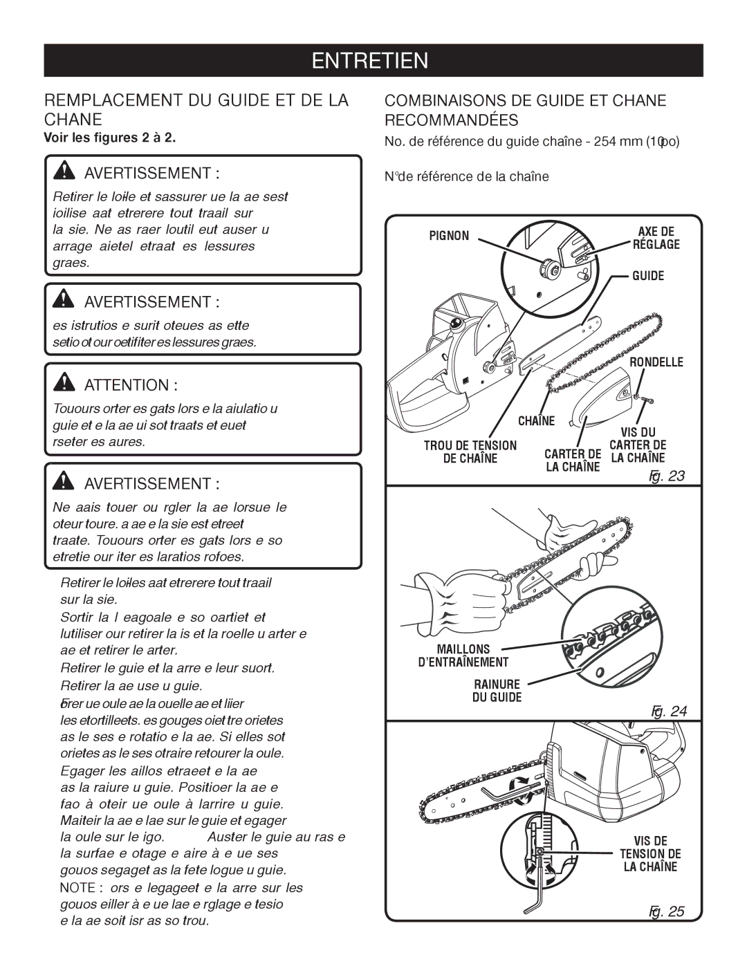 Ryobi P542 Remplacement DU Guide ET DE LA Chaîne, Avertissement , Combinaisons de guide et chaîne recommandées 