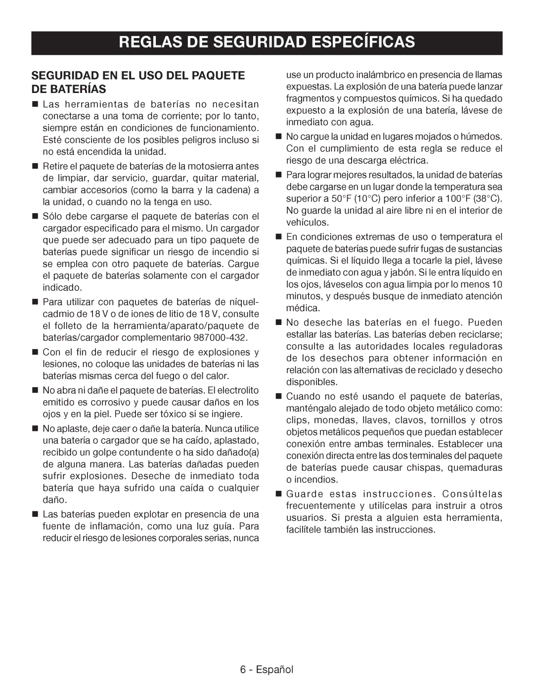 Ryobi P542 manuel dutilisation Reglas DE Seguridad Específicas, Seguridad EN EL USO DEL Paquete DE BateríaS 