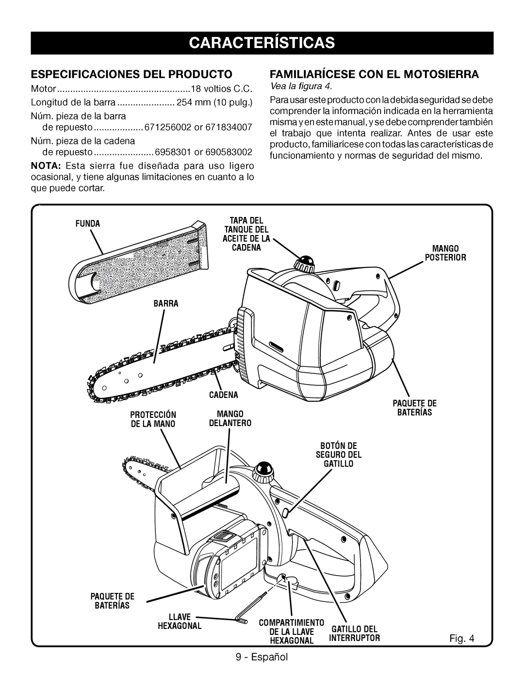 Ryobi P542 Características, Especificaciones DEL Producto, Familiarícese CON EL Motosierra, Vea la figura 