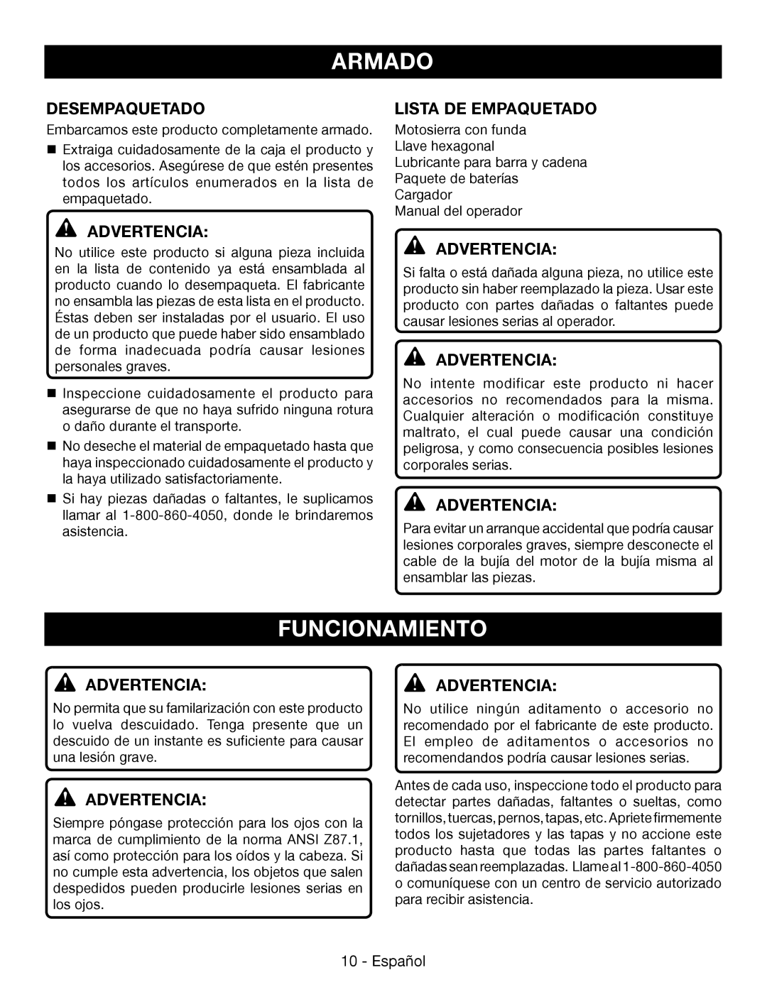 Ryobi P542 manuel dutilisation Armado, Funcionamiento, Desempaquetado, Lista DE Empaquetado 