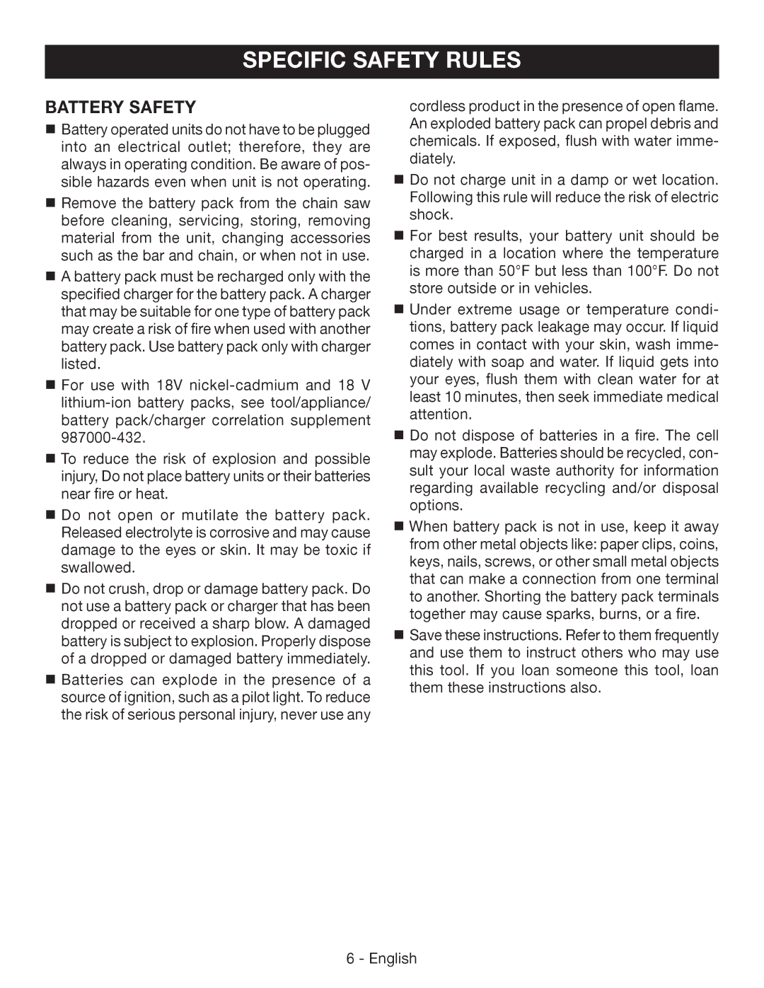 Ryobi P542 manuel dutilisation Specific Safety Rules, Battery Safety 