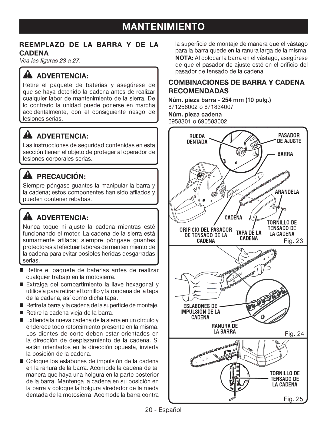 Ryobi P542 Reemplazo de la barra y de la cadena, Advertencia, Combinaciones de barra y cadena recomendadas 