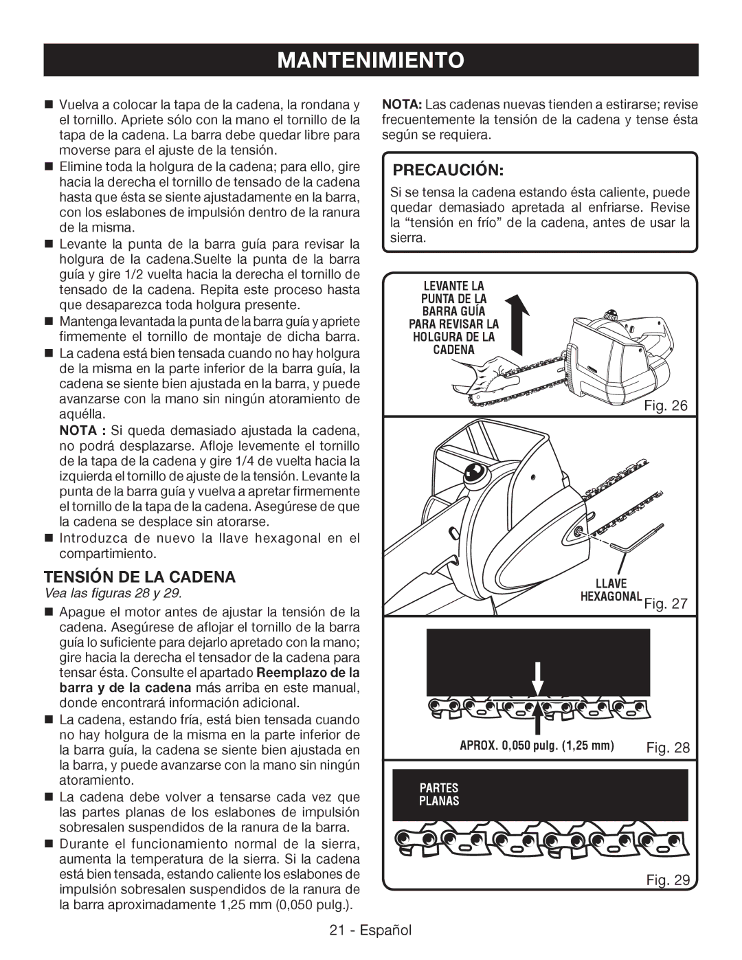 Ryobi P542 manuel dutilisation Tensión de la cadena, Vea las figuras 28 y 