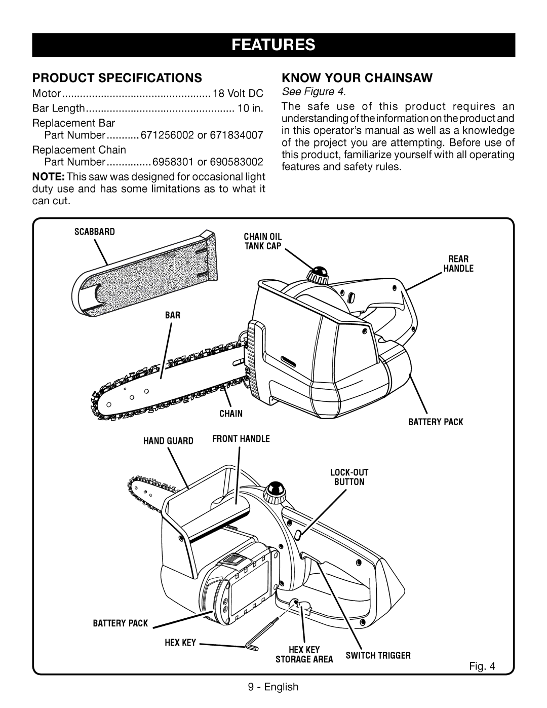 Ryobi P542 manuel dutilisation Features, Product Specifications, Know Your cHAINsAW, See Figure 