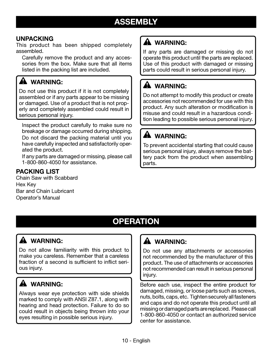 Ryobi P545 manuel dutilisation Assembly, Operation, Unpacking, Packing List 