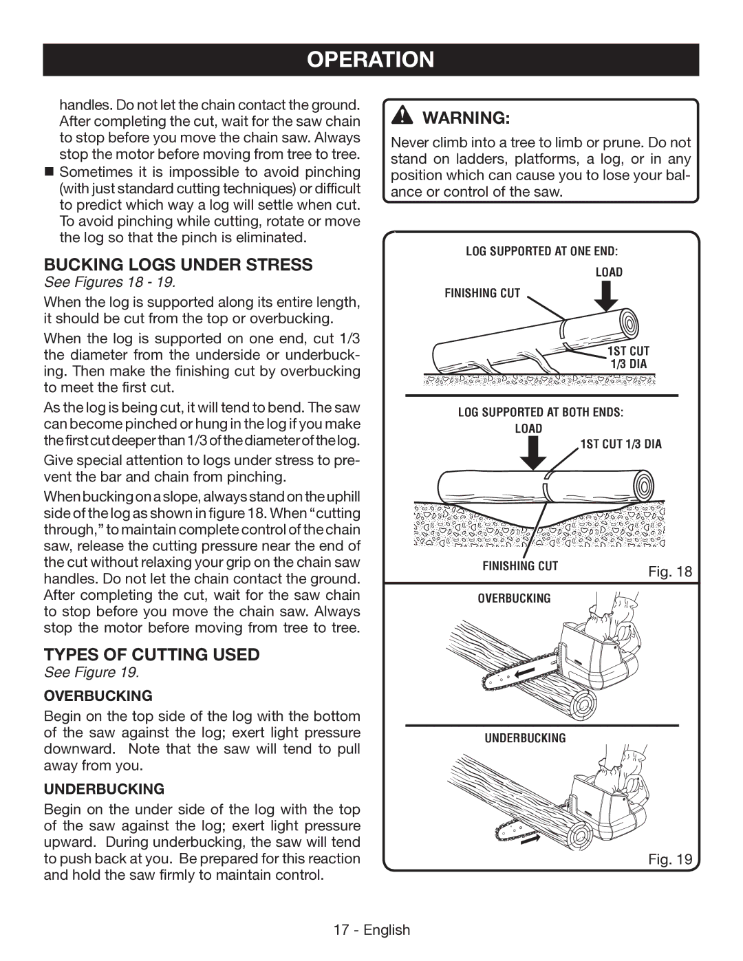 Ryobi P545 manuel dutilisation Bucking Logs Under Stress, Types of Cutting Used, See Figures 18 