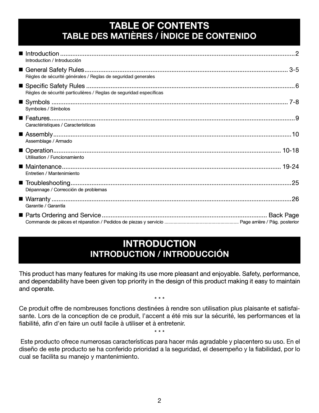 Ryobi P545 manuel dutilisation Introduction, Table of Contents 