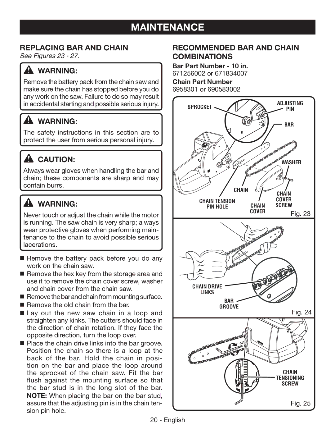 Ryobi P545 manuel dutilisation Replacing BAR and Chain, Recommended BAR and Chain Combinations, See Figures 23 