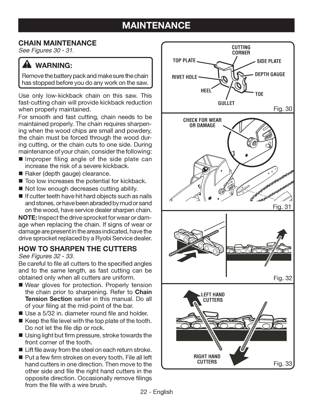 Ryobi P545 manuel dutilisation Chain Maintenance, HOW to Sharpen the Cutters, See Figures 30, See Figures 32 