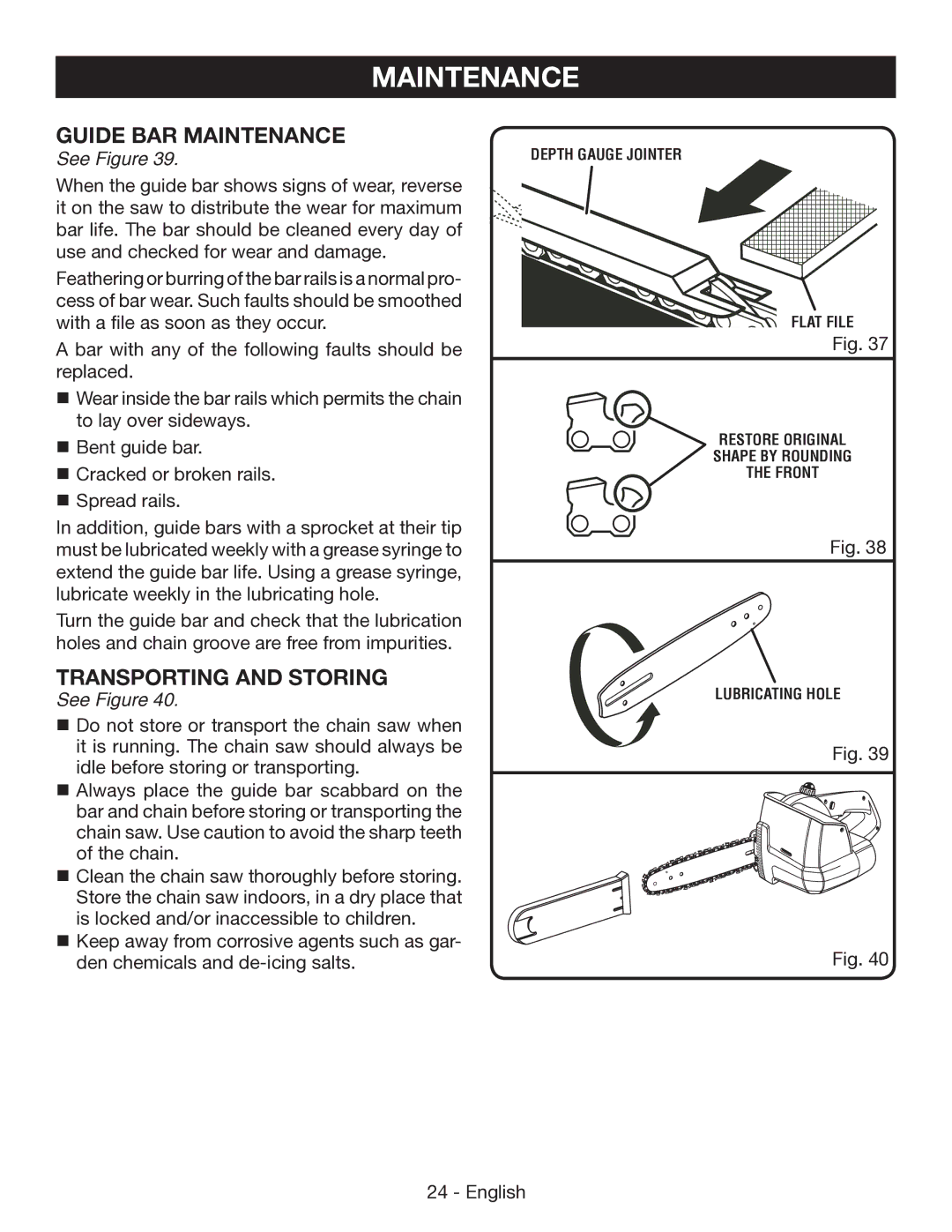 Ryobi P545 manuel dutilisation Guide BAR Maintenance, Transporting and Storing 