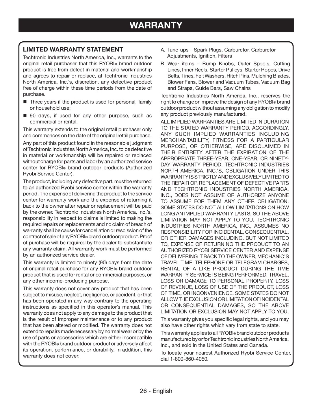 Ryobi P545 manuel dutilisation Limited Warranty Statement 