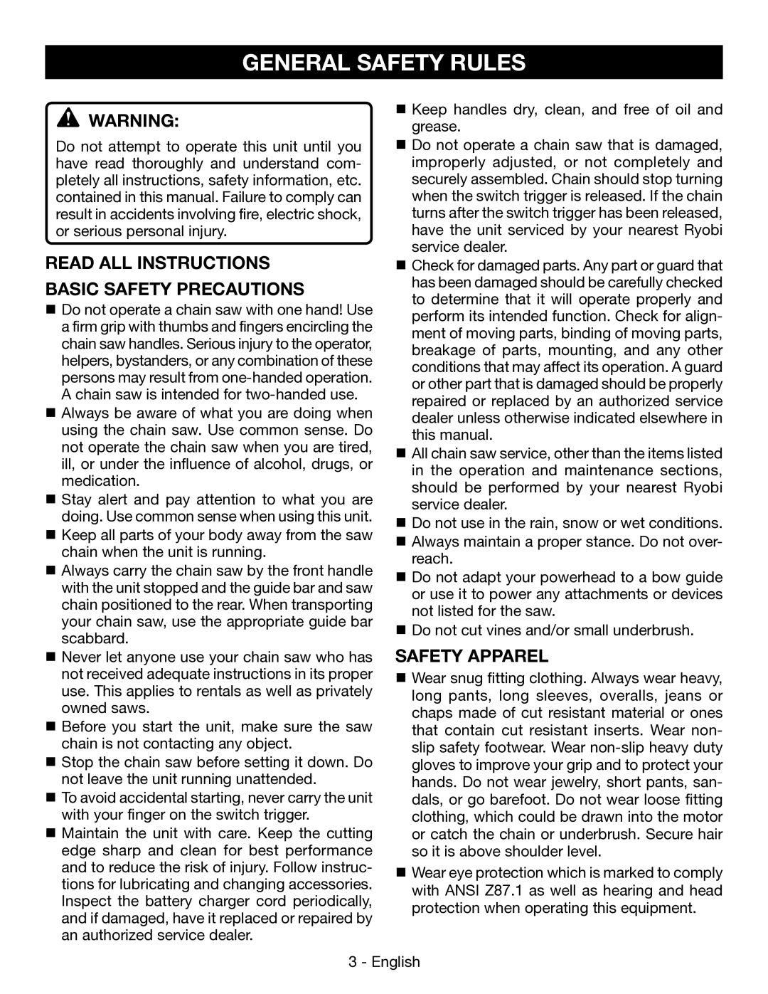 Ryobi P545 manuel dutilisation General Safety Rules, Safety Apparel 