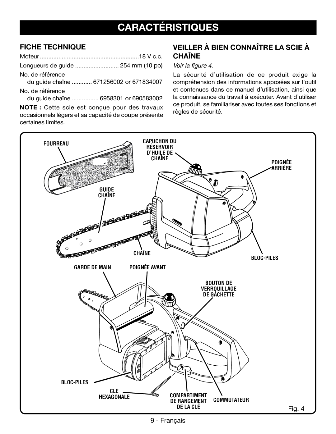 Ryobi P545 manuel dutilisation Caractéristiques, Fiche Technique, Veiller À Bien Connaître LA Scie À Chaîne, Voir la figure 