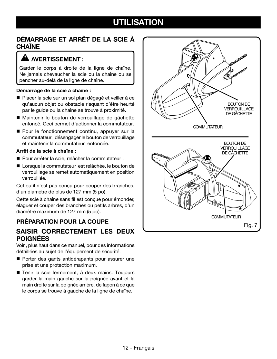 Ryobi P545 Démarrage ET Arrêt DE LA Scie À Chaîne, Saisir Correctement LES Deux Poignées, Préparation Pour LA Coupe 