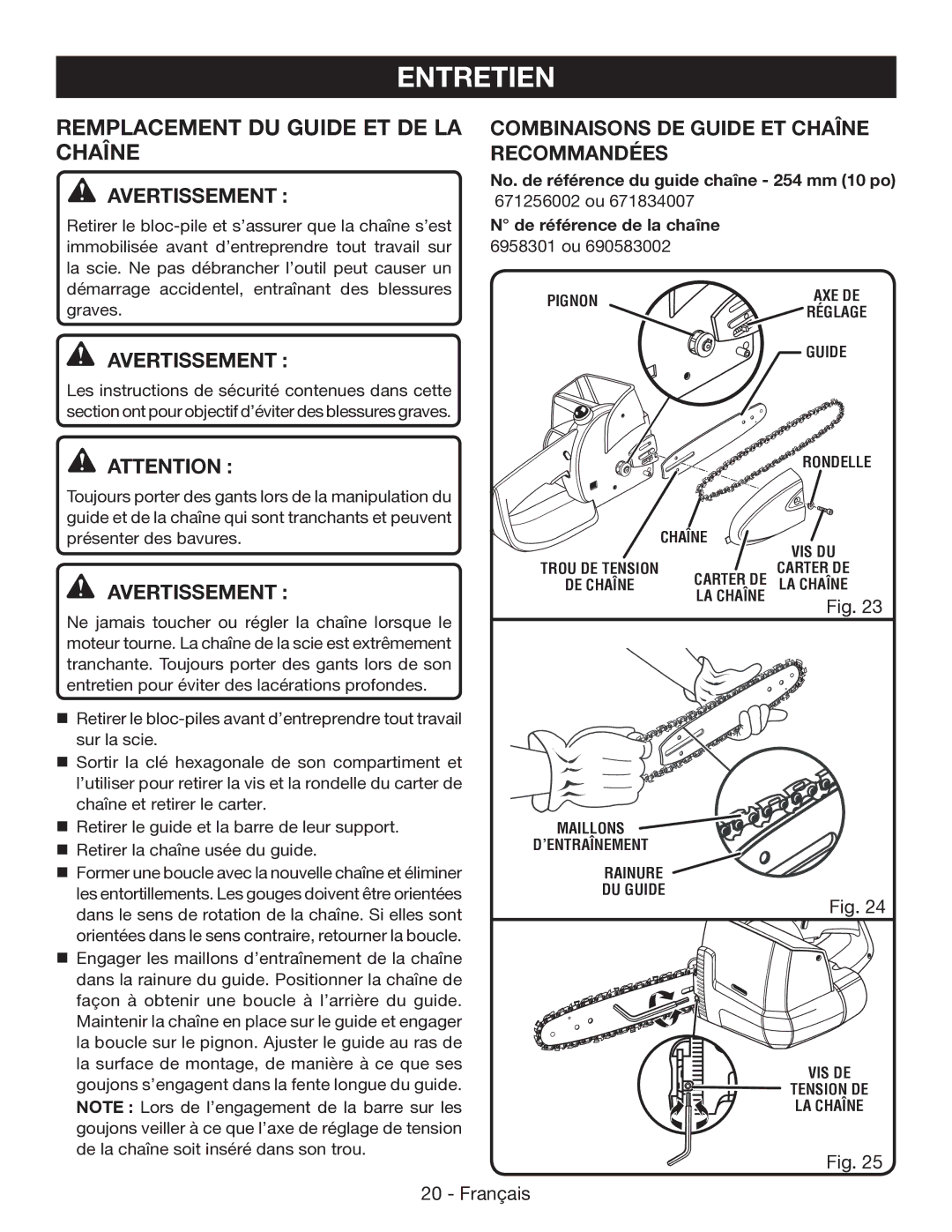 Ryobi P545 Remplacement DU Guide ET DE LA Chaîne, Combinaisons DE Guide ET Chaîne Recommandées AVERTISSEMENT  