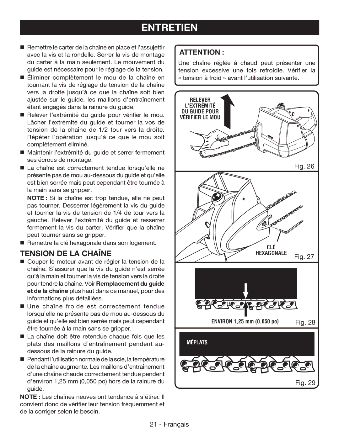 Ryobi P545 manuel dutilisation Tension DE LA Chaîne 