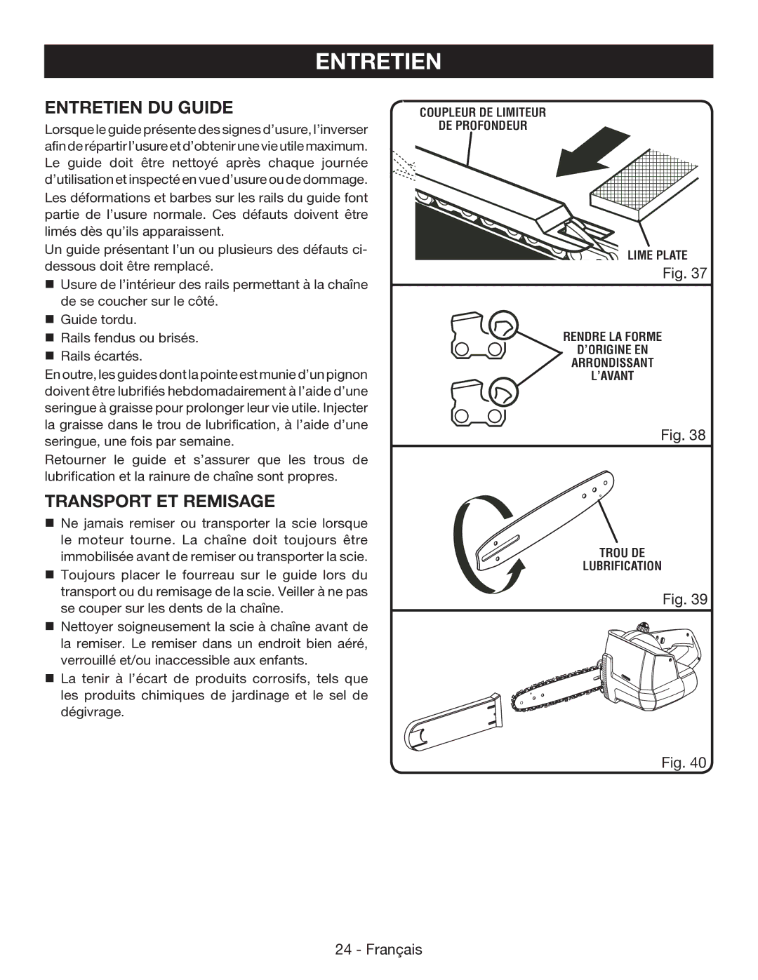 Ryobi P545 manuel dutilisation Entretien DU Guide, Transport ET Remisage 