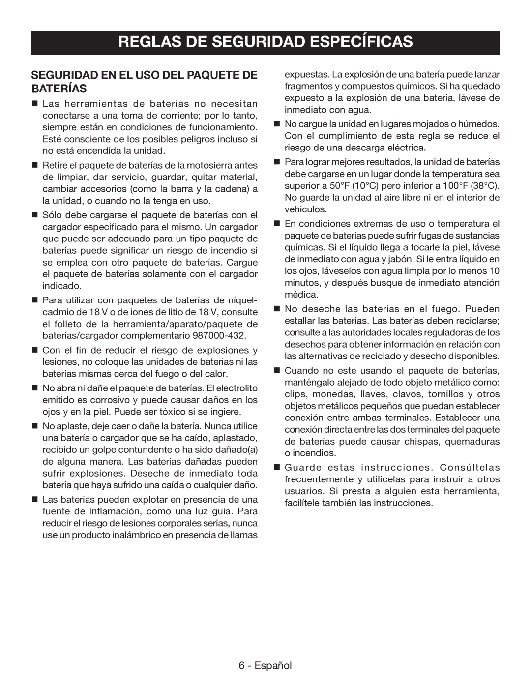 Ryobi P545 manuel dutilisation Reglas DE Seguridad Específicas, Seguridad EN EL USO DEL Paquete DE Baterías 