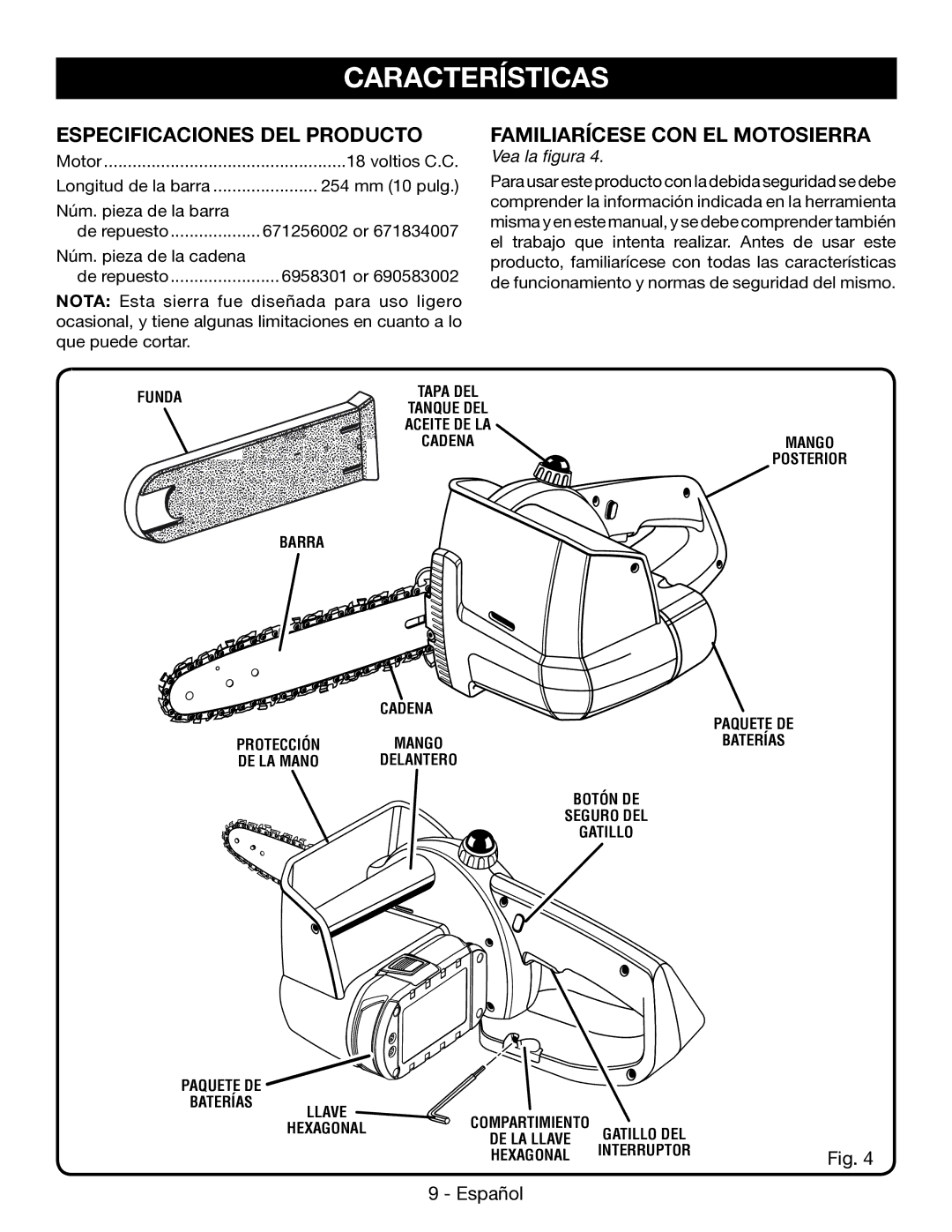 Ryobi P545 Características, Especificaciones DEL Producto, Familiarícese CON EL Motosierra, Vea la figura 