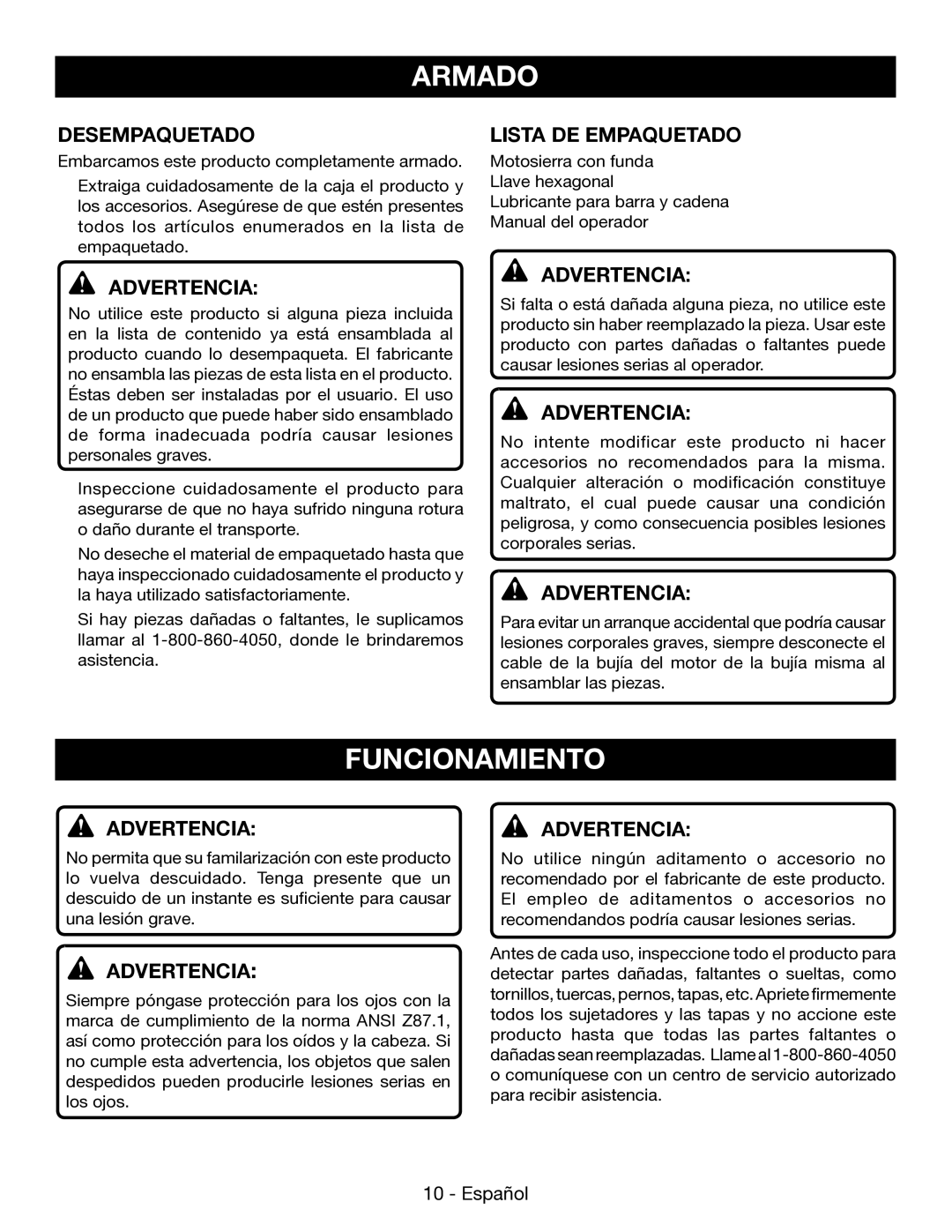 Ryobi P545 manuel dutilisation Armado, Funcionamiento, Desempaquetado, Lista DE Empaquetado 