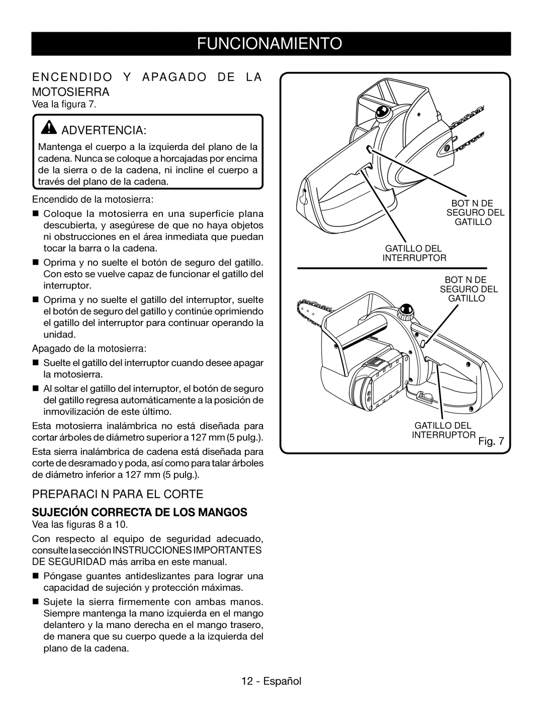 Ryobi P545 Encendido Y Apagado DE LA Motosierra, Preparación Para EL Corte Sujeción Correcta DE LOS Mangos 